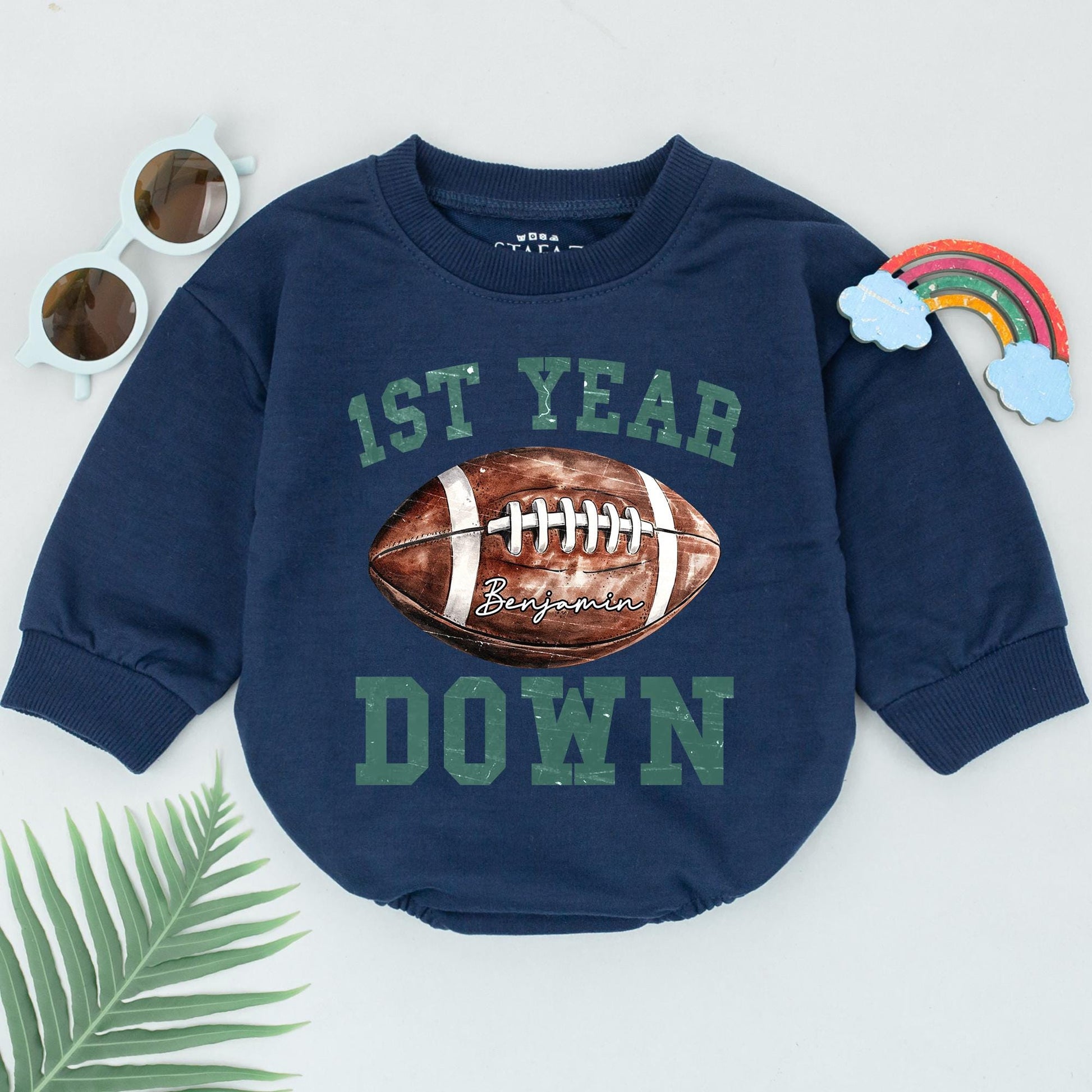 Football First Birthday Romper for Baby Boy, Personalized 1st Year Down Outfit, Football Birthday Party, Newborn Coming Home Gift