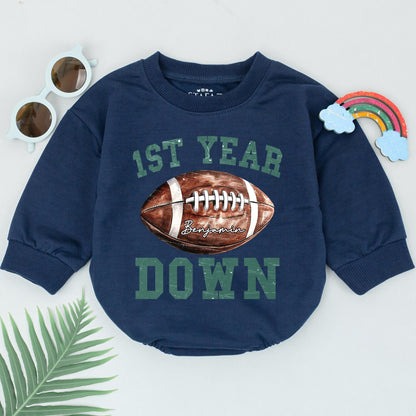Football First Birthday Romper for Baby Boy, Personalized 1st Year Down Outfit, Football Birthday Party, Newborn Coming Home Gift
