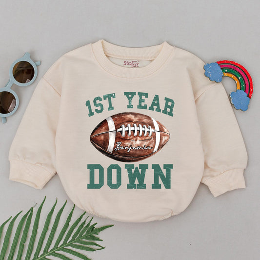 Football First Birthday Romper for Baby Boy, Personalized 1st Year Down Outfit, Football Birthday Party, Newborn Coming Home Gift