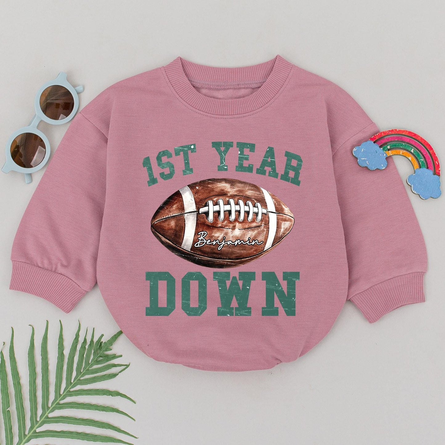 Football First Birthday Romper for Baby Boy, Personalized 1st Year Down Outfit, Football Birthday Party, Newborn Coming Home Gift