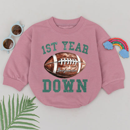 Football First Birthday Romper for Baby Boy, Personalized 1st Year Down Outfit, Football Birthday Party, Newborn Coming Home Gift