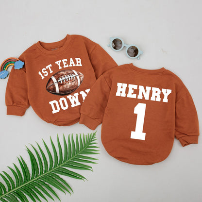 First Year Down Birthday Romper for Baby Boys, Football 1st Birthday Outfit, Newborn Bodysuit, Sports Party Clothes