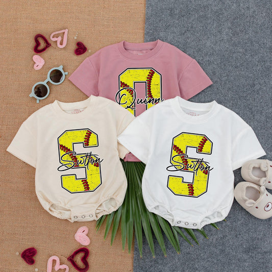 Customized Softball Bubble Romper for Baby Girl Birthday Outfit Short Sleeve Newborn Toddler Game Day Bodysuit Soft Cotton Shower Gift