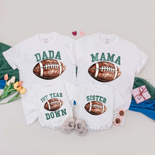 Personalized Football 1st Birthday Family T-Shirt & Romper Set, Custom First Year Down Party Outfit, Football Birthday Tee Boy