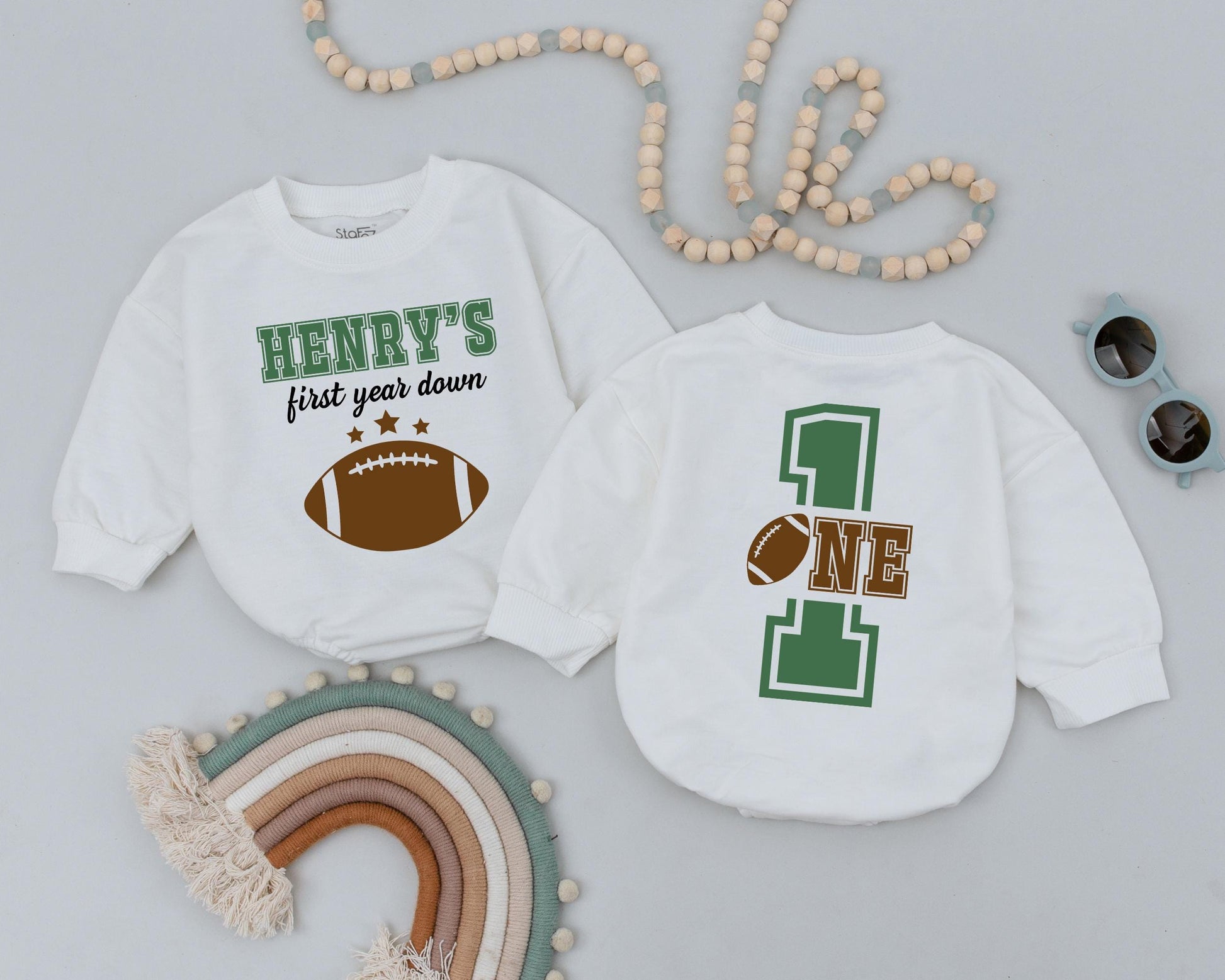 Personalized Year Down Romper First Birthday Outfit Game Day Baby Clothes Football Party Gift for Boys