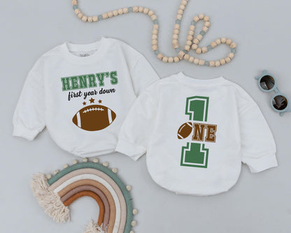 Personalized Year Down Romper First Birthday Outfit Game Day Baby Clothes Football Party Gift for Boys