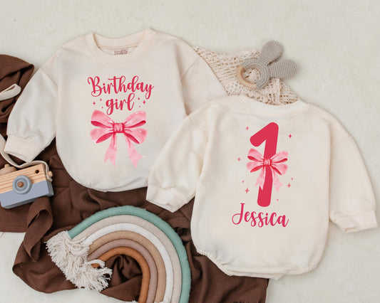 Retro Birthday Girl Bubble Romper Custom Name Bow Design Baby Bodysuit First Birthday Outfit Cute Girl Clothes
