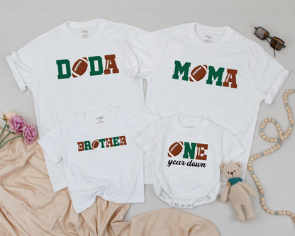 First Birthday Football Family Shirts Doda Moma Soster ONE year down Baby Boy Matching Dad Green Brown Football Stitching