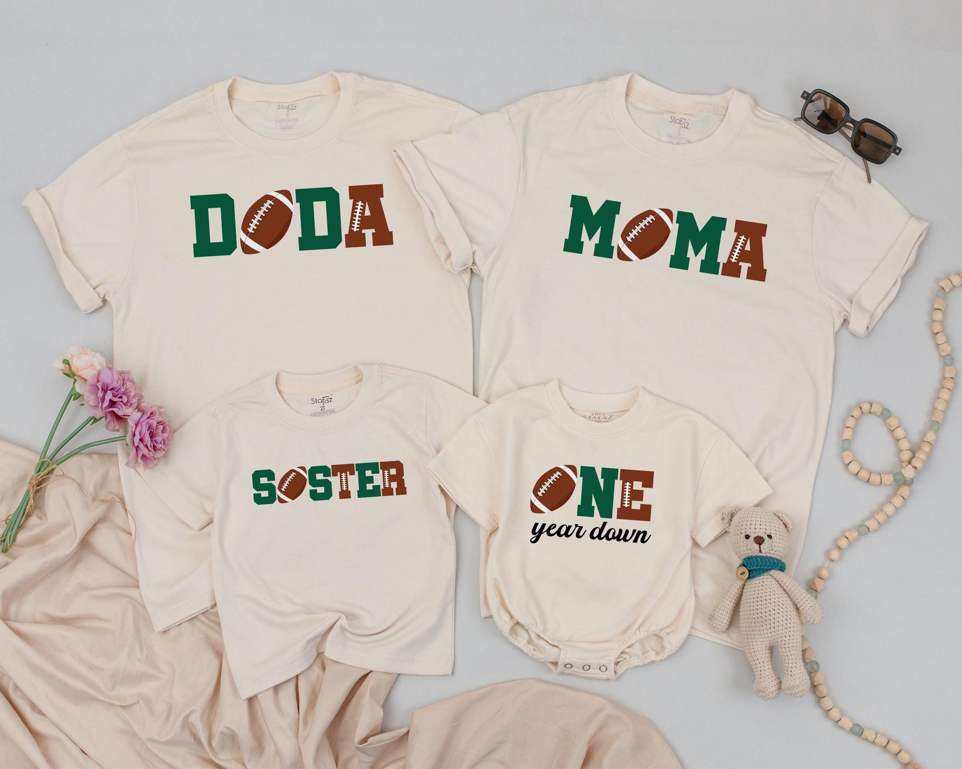 First Birthday Football Family Shirts Doda Moma Soster ONE year down Baby Boy Matching Dad Green Brown Football Stitching