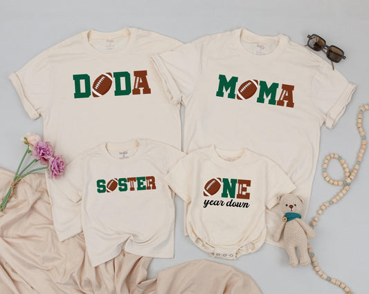First Birthday Football Family Shirts Doda Moma Soster ONE year down Baby Boy Matching Dad Green Brown Football Stitching