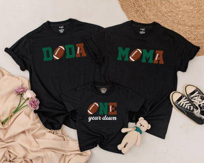 First Birthday Football Family Shirts Doda Moma Soster ONE year down Baby Boy Matching Dad Green Brown Football Stitching