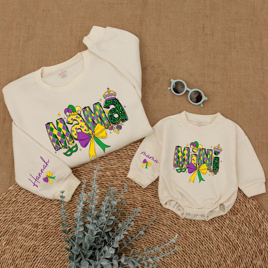 Personalized Mardi Gras Mama and Mini Sweatshirt Matching Family Sweaters Custom Mom Baby Gifts