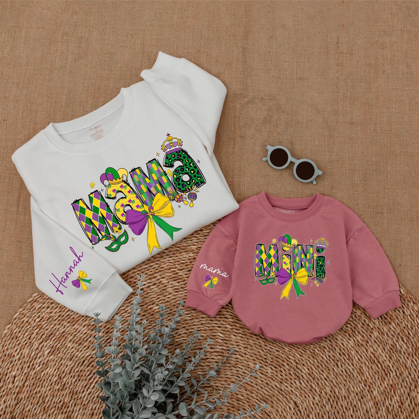 Personalized Mardi Gras Mama and Mini Sweatshirt Matching Family Sweaters Custom Mom Baby Gifts