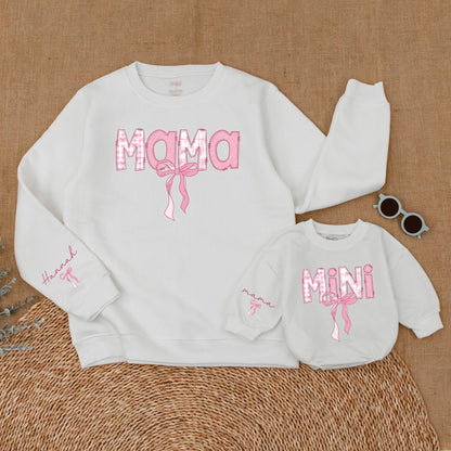 Personalized Pink Bow Mama and Mini Matching Sweatshirt Comfortable Mother Daughter Soft Warm Sweater Gift for Moms and Babies