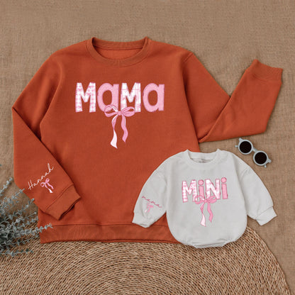 Personalized Pink Bow Mama and Mini Matching Sweatshirt Comfortable Mother Daughter Soft Warm Sweater Gift for Moms and Babies
