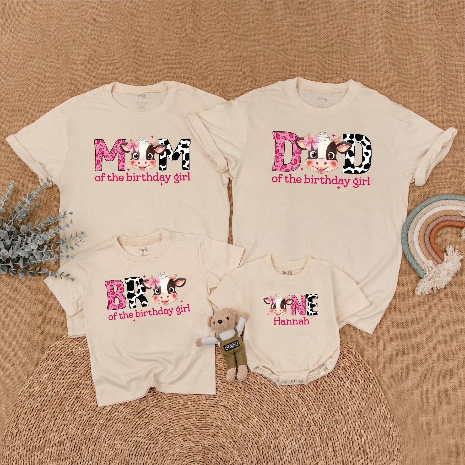 Matching Cow Print Birthday Shirts for Girls: MOM, DAD, SIS, ONE Farm Birthday Girl Outfit - Western Theme, Baby Girl First Birthday