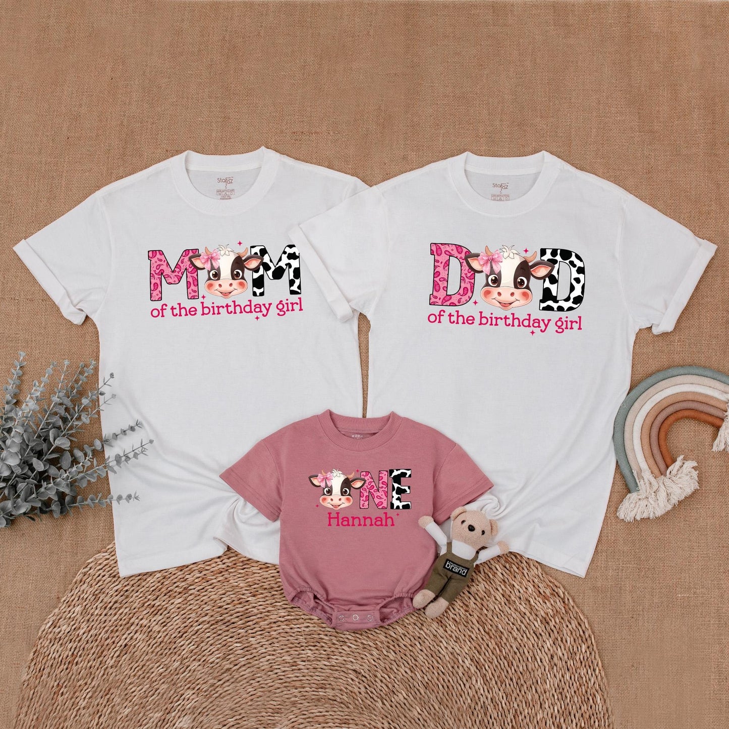 Matching Cow Print Birthday Shirts for Girls: MOM, DAD, SIS, ONE Farm Birthday Girl Outfit - Western Theme, Baby Girl First Birthday
