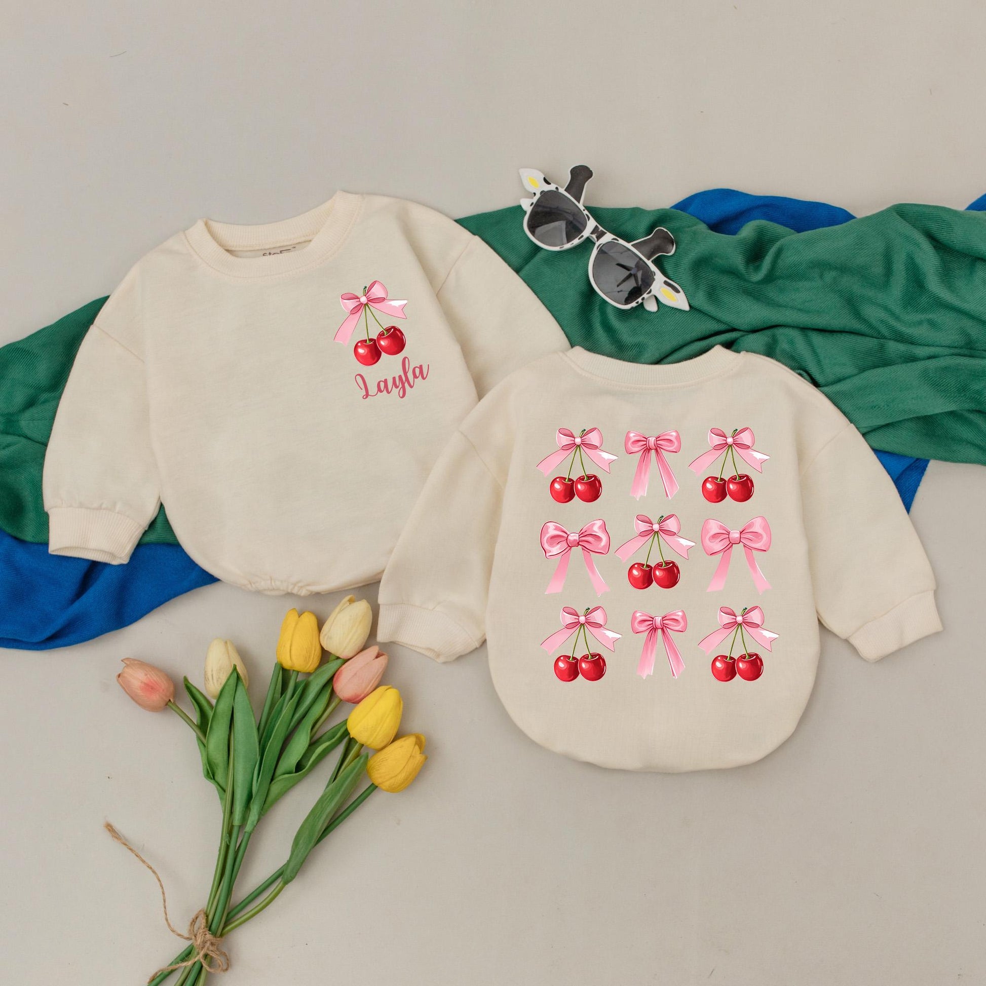 Sweet Cherries Cherry Pink Bow Romper Baby Girl Bodysuit Personalized First Birthday Outfit Custom Newborn Shower Gift
