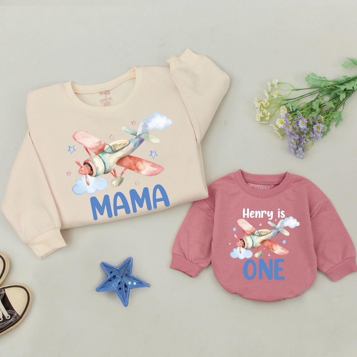 Time Flies First Birthday Family Sweatshirt Flying into One Bodysuit Airplane Birthday Party Crew Shirt