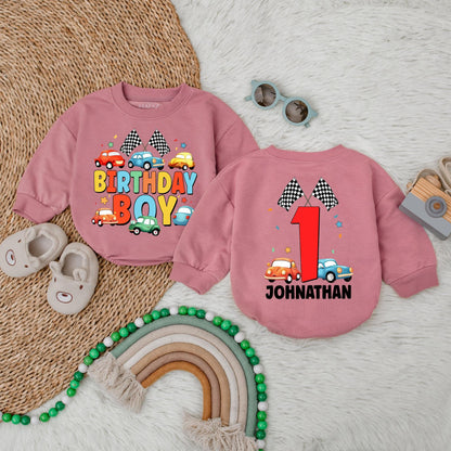 Birthday Boy Cars Bubble Romper Personalized Vehicles Gift Custom Name First Birthday Outfit for Toddler Baby Boy Cotton Comfortable Celebration