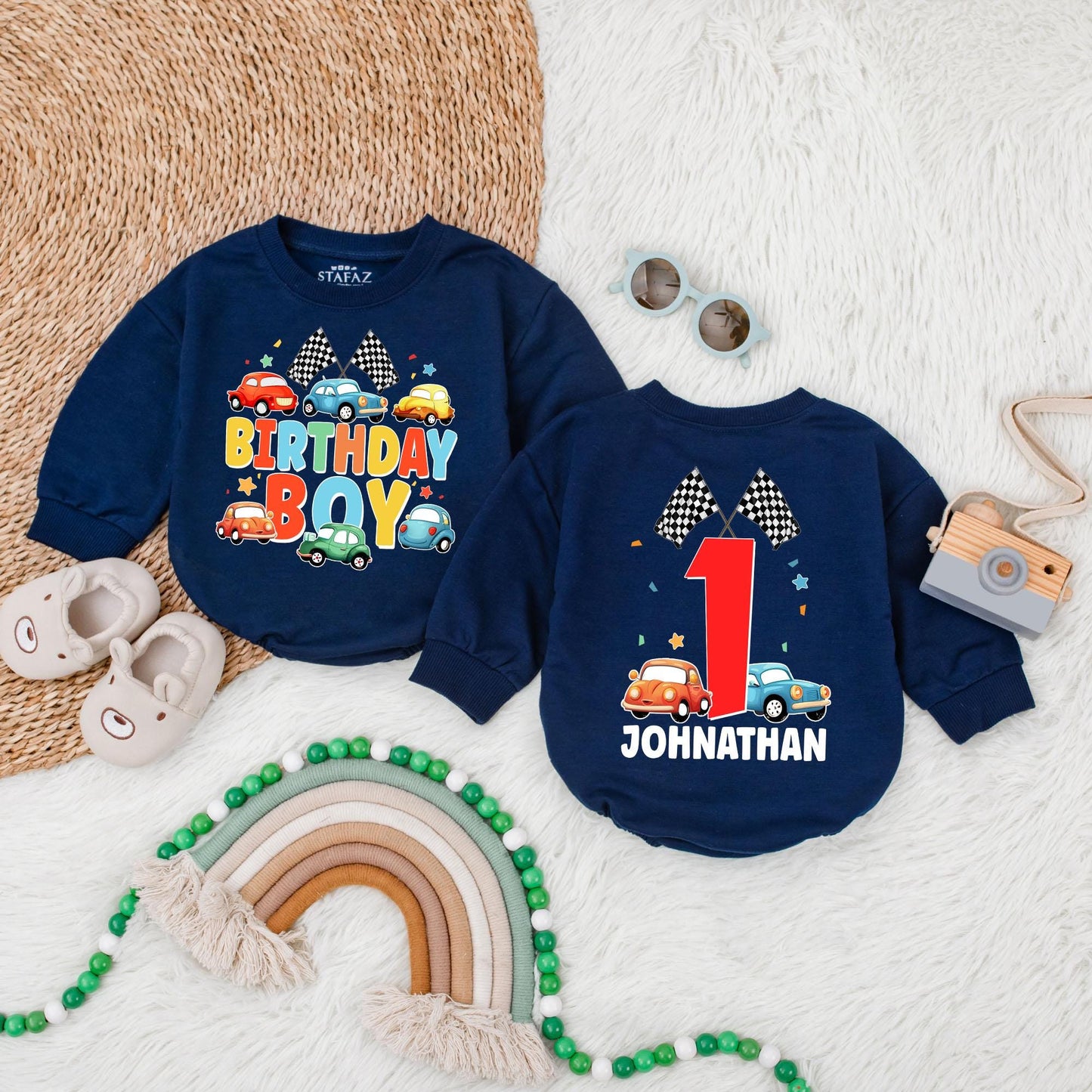 Birthday Boy Cars Bubble Romper Personalized Vehicles Gift Custom Name First Birthday Outfit for Toddler Baby Boy Cotton Comfortable Celebration