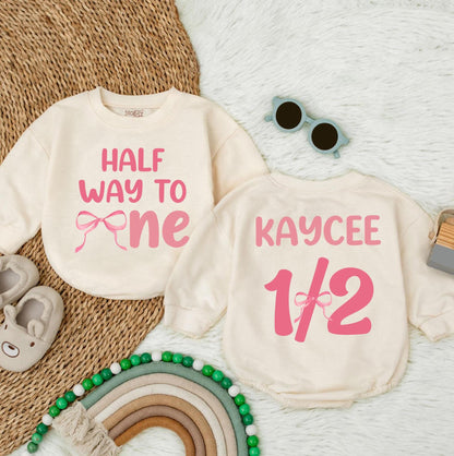 Personalized Halfway to One Bow Bubble Romper Baby Girl Outfit, Lucky Duck 1st Birthday Custom Name, First Birthday Gift