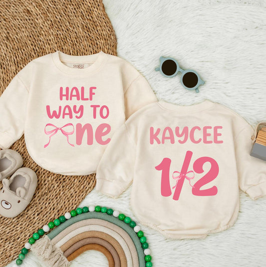 Personalized Halfway to One Bow Bubble Romper Baby Girl Outfit, Lucky Duck 1st Birthday Custom Name, First Birthday Gift