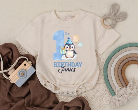 Personalized Name Penguin Birthday Romper for Baby Boy First Birthday The Big One Outfit Penguin Baby Clothes