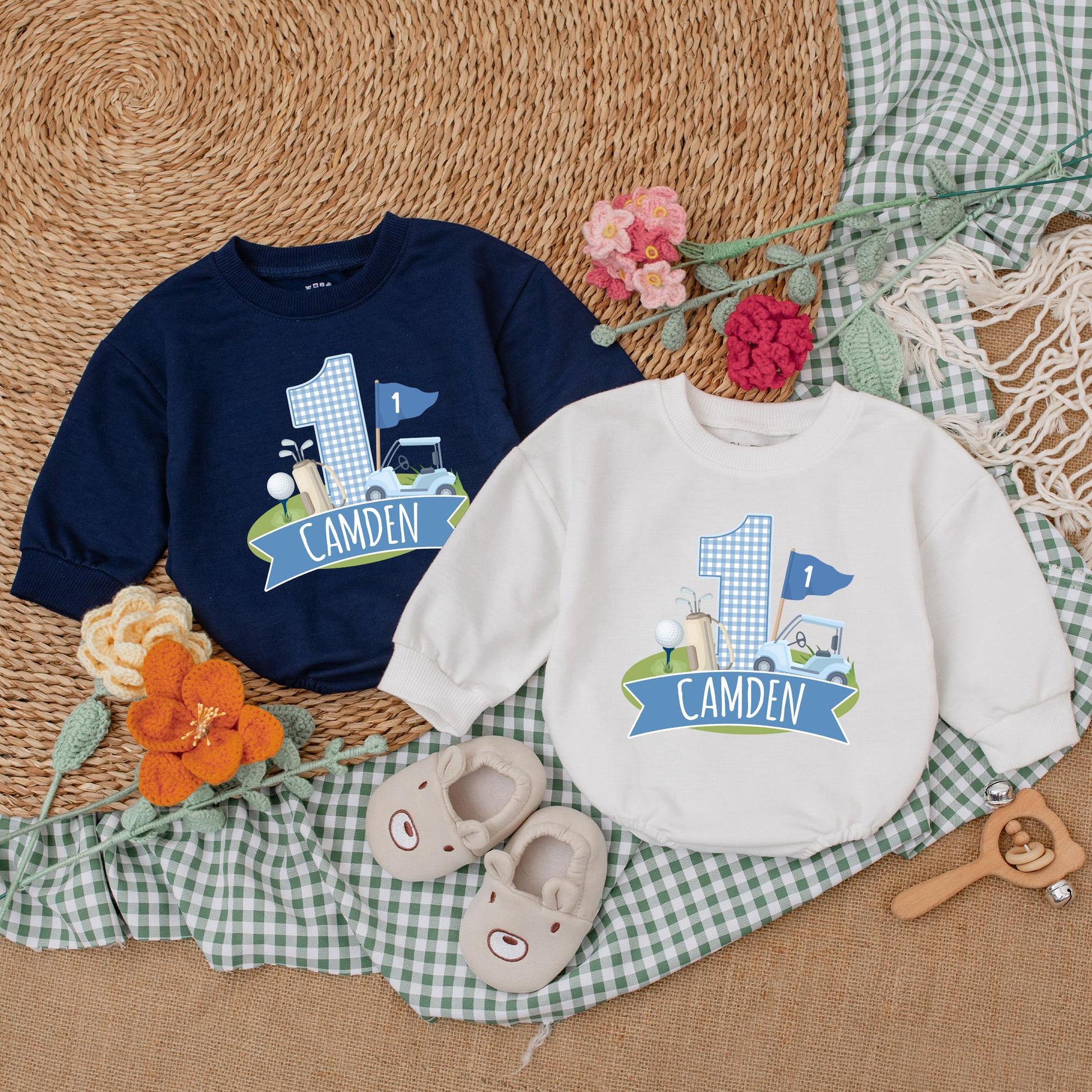 Personalized Golf Hole in One Baby Romper for First Birthday Boy Golf Outfit Newborn Bubble