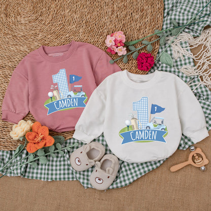 Personalized Golf Hole in One Baby Romper for First Birthday Boy Golf Outfit Newborn Bubble