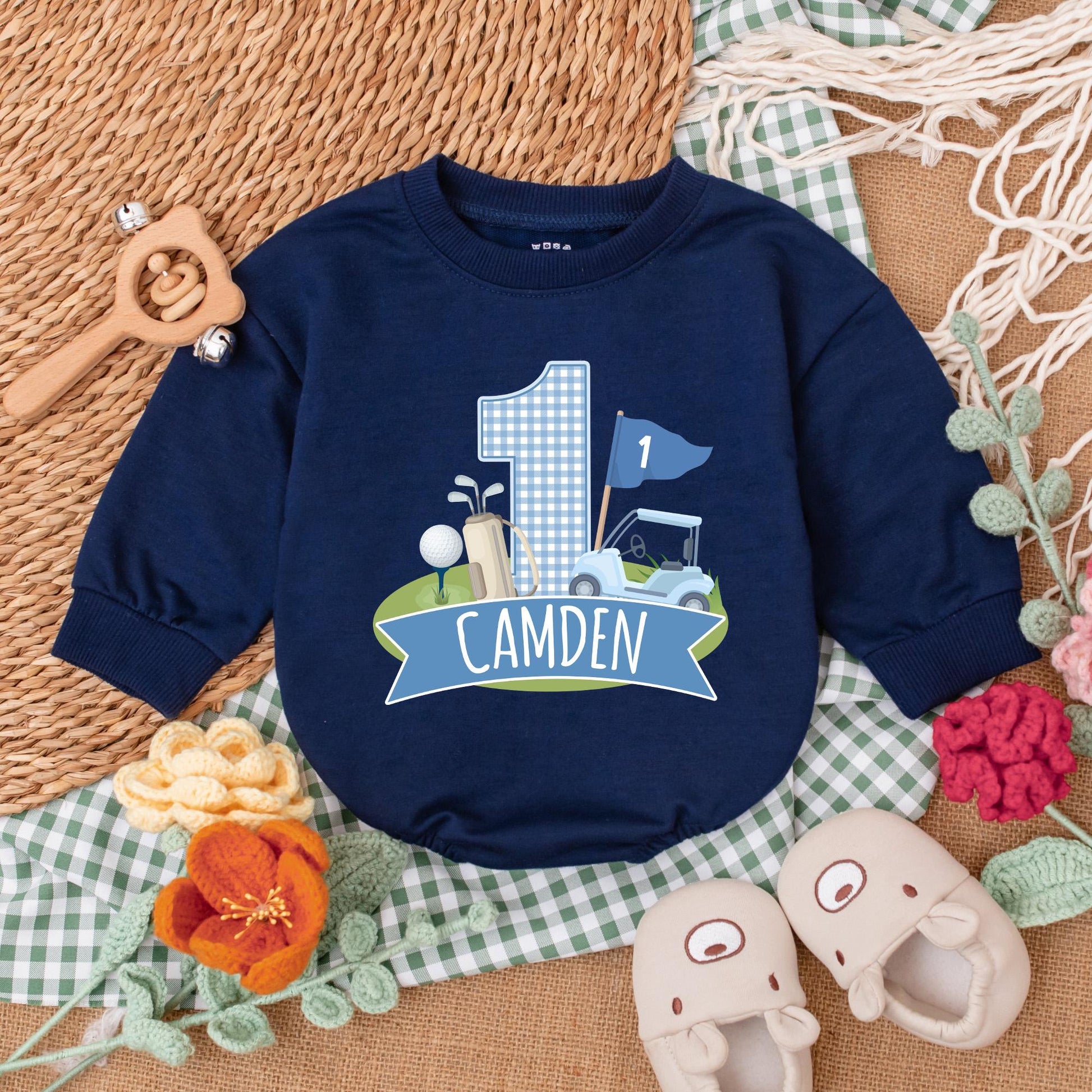 Personalized Golf Hole in One Baby Romper for First Birthday Boy Golf Outfit Newborn Bubble