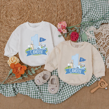 Personalized Golf Hole in One Baby Romper for First Birthday Boy Golf Outfit Newborn Bubble