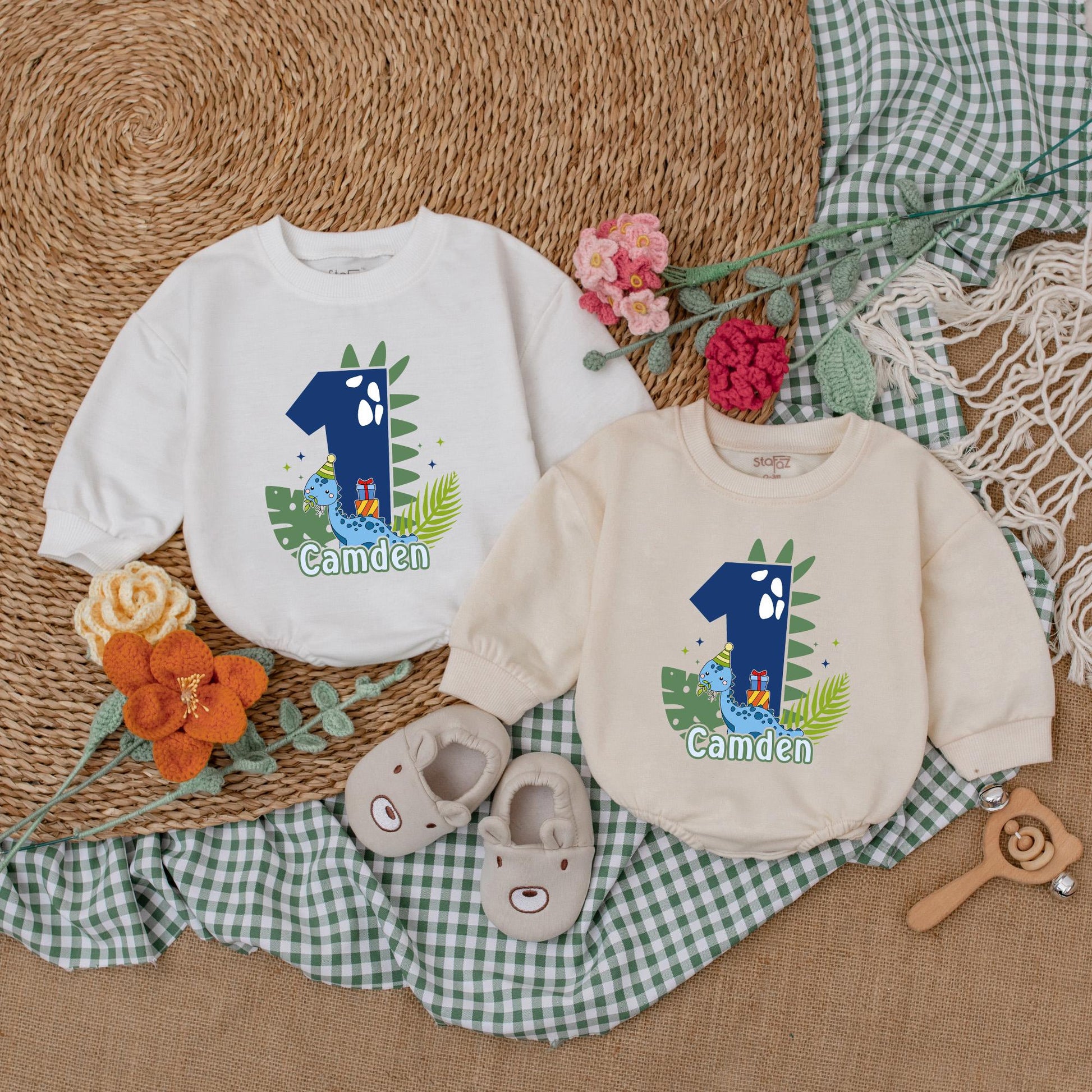 One-A-Saurus Personalized Dinosaur Birthday Romper for Baby Boy, 1st Birthday Outfit, Custom Golf Design Bubble Romper Gift