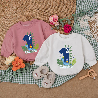 One-A-Saurus Personalized Dinosaur Birthday Romper for Baby Boy, 1st Birthday Outfit, Custom Golf Design Bubble Romper Gift