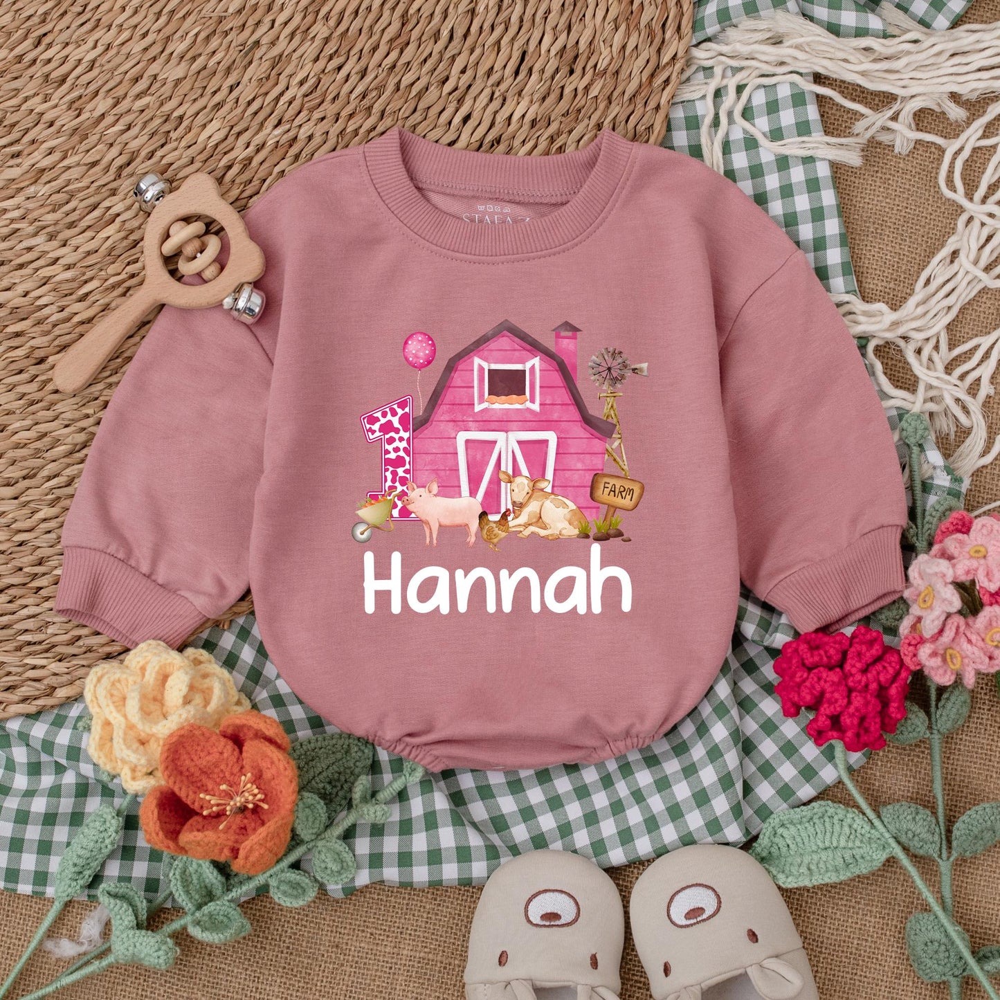 Personalized Pink Farm Birthday Romper Adorable Baby Girl Farm Animals Outfit First Birthday Clothes Cotton Soft and Comfortable Toddler Gift