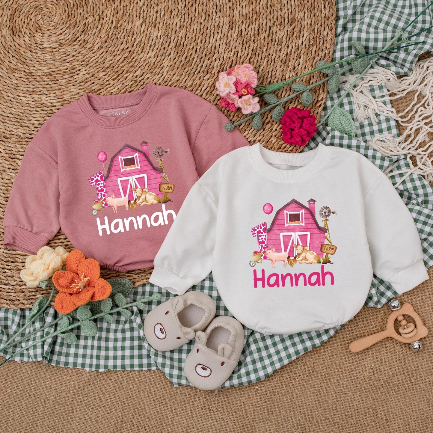 Personalized Pink Farm Birthday Romper Adorable Baby Girl Farm Animals Outfit First Birthday Clothes Cotton Soft and Comfortable Toddler Gift
