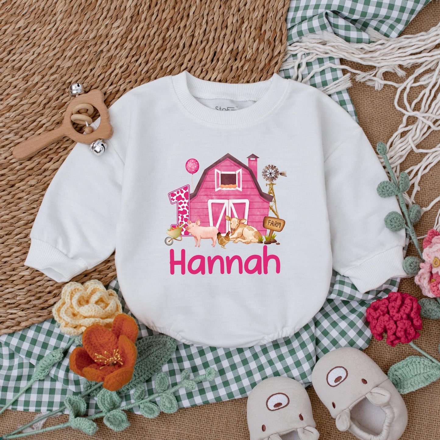 Personalized Pink Farm Birthday Romper Adorable Baby Girl Farm Animals Outfit First Birthday Clothes Cotton Soft and Comfortable Toddler Gift