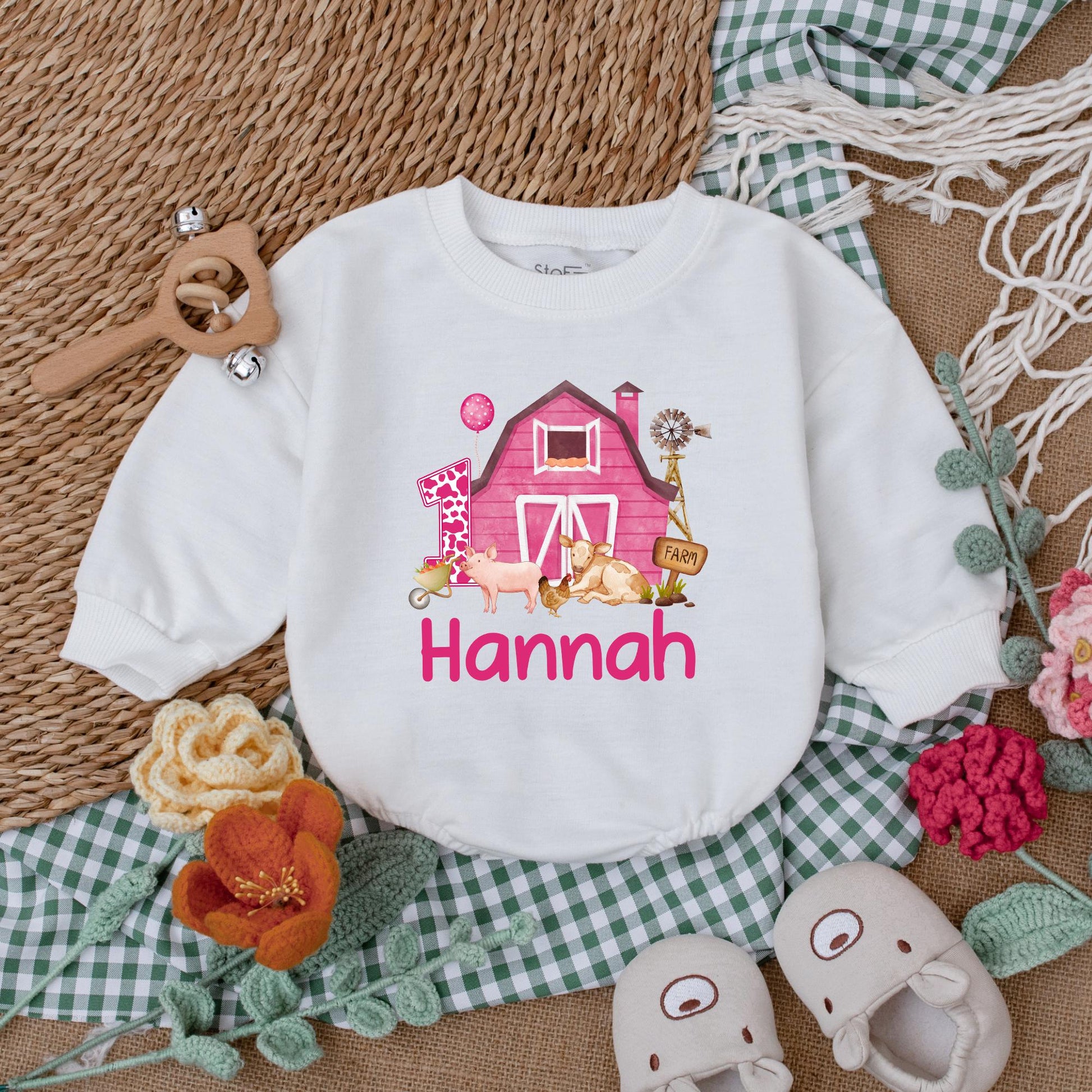 Personalized Pink Farm Birthday Romper Adorable Baby Girl Farm Animals Outfit First Birthday Clothes Cotton Soft and Comfortable Toddler Gift
