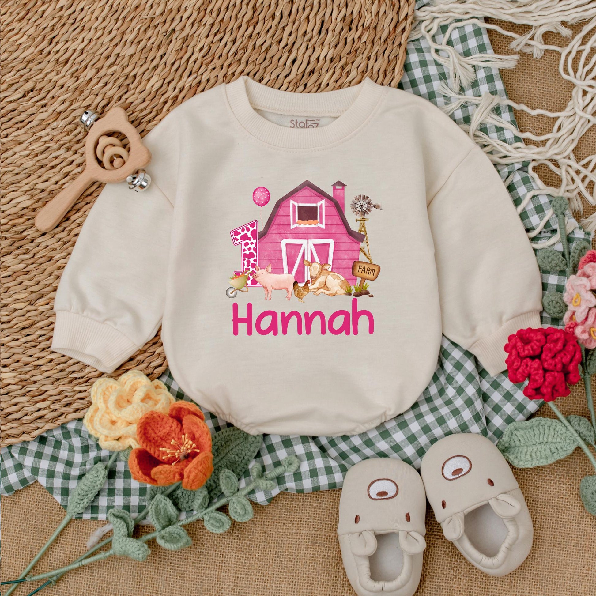 Personalized Pink Farm Birthday Romper Adorable Baby Girl Farm Animals Outfit First Birthday Clothes Cotton Soft and Comfortable Toddler Gift