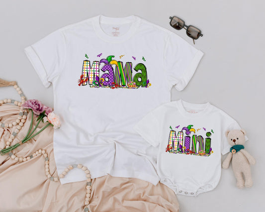 Matching Mama & Mini Mardi Gras Shirts: Personalized Fun for Mom & Girl! Festive Purple, Green & Gold Designs, Carnival Party Outfit