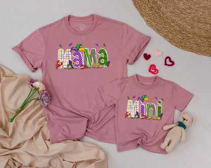 Matching Mama & Mini Mardi Gras Shirts: Personalized Fun for Mom & Girl! Festive Purple, Green & Gold Designs, Carnival Party Outfit