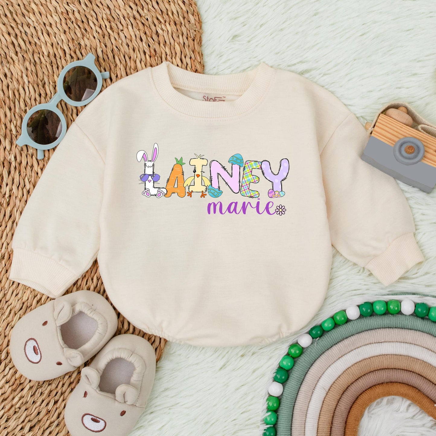Personalized Bunny Bubble Romper for Baby Girl First Easter Outfit Newborn Infant Bodysuit