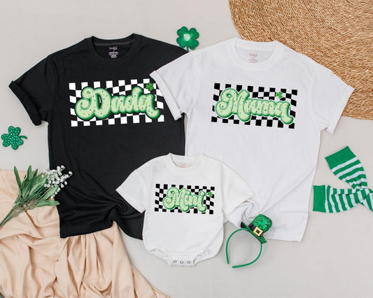 Lucky Checkered Family Matching Shirts Daddy Mama Mini St Patricks Day Birthday Cute Shamrock Green Yellow Design Custom Name Gift