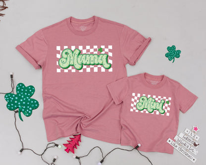 Lucky Checkered Family Matching Shirts Daddy Mama Mini St Patricks Day Birthday Cute Shamrock Green Yellow Design Custom Name Gift