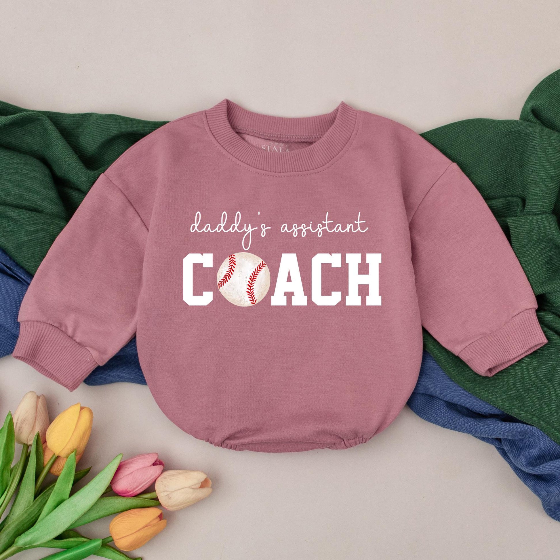 Baby Girl Daddy's Assistant Coach Romper with Retro Baseball Graphic Perfect for Game Day Season Fun Playful Bubble Romper Kid Gift