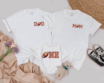 First Birthday Football Family Shirts Dad Mom One Birthday Boy Matching Outfits Brown Letters