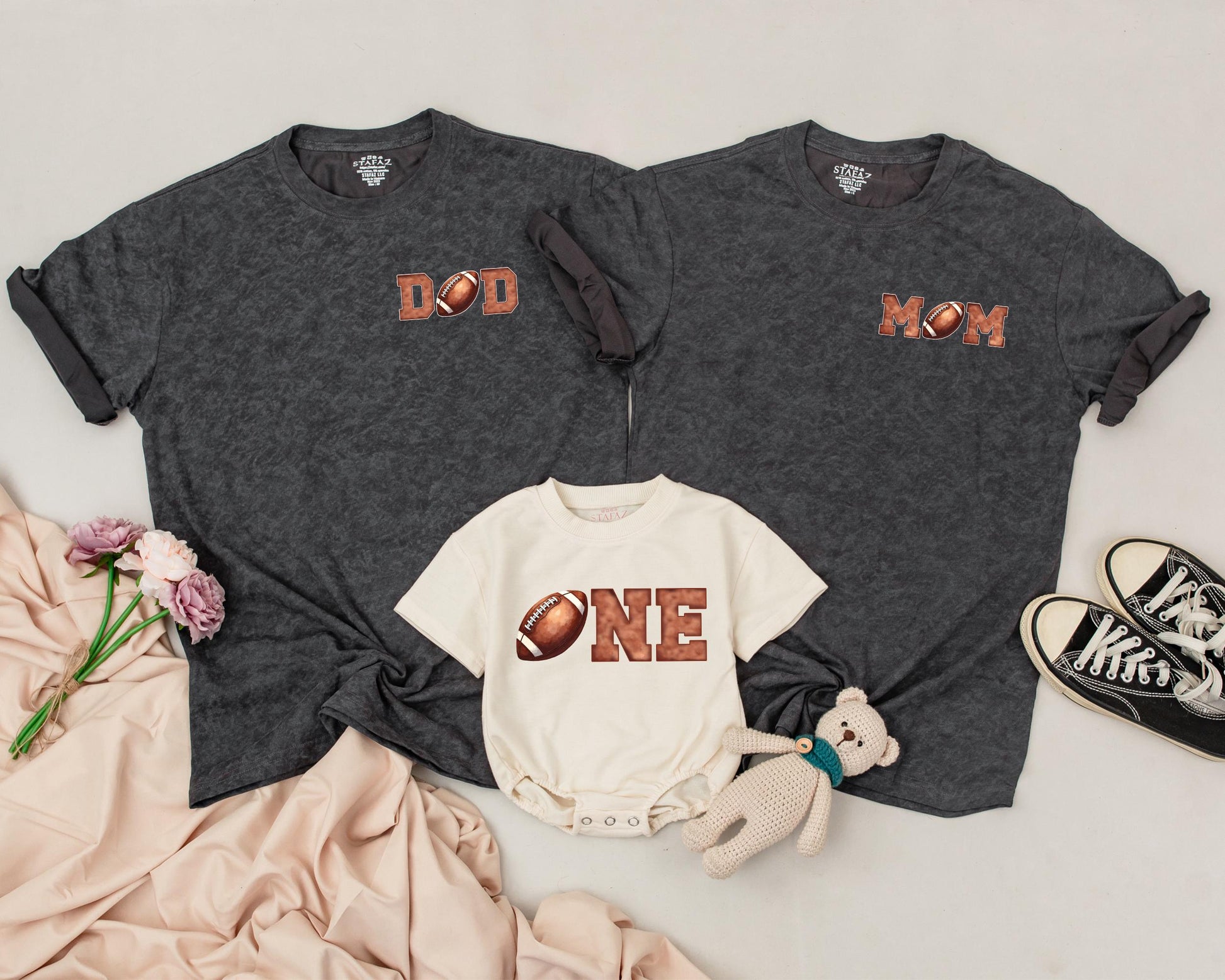 First Birthday Football Family Shirts Dad Mom One Birthday Boy Matching Outfits Brown Letters