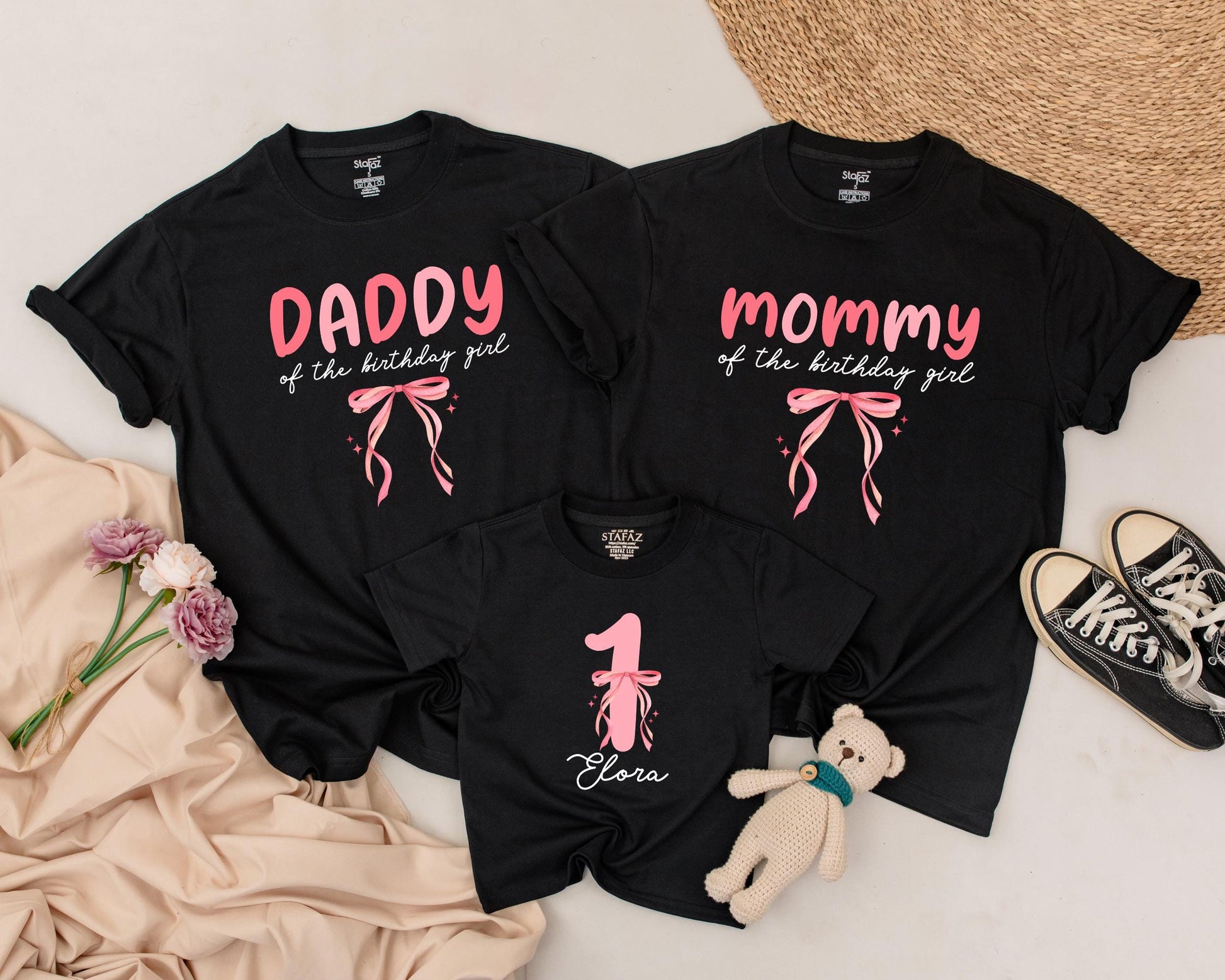 Pink Bow First Birthday Outfit for Girl, 1st Birthday Shirt, Matching Mom & Baby,