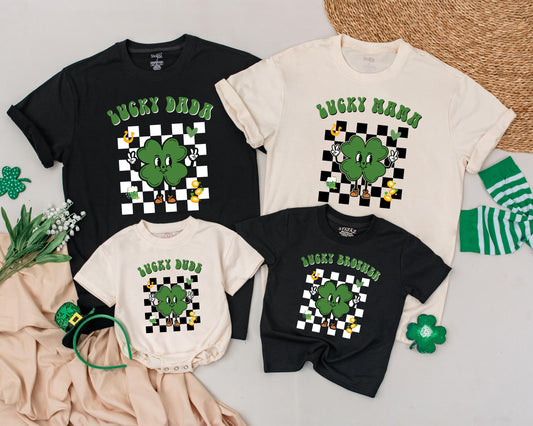 Lucky Birthday Family Matching Shirts, Cute Shamrock Outfit, Personalized Name on Retro St Patricks Day Tee, Green Clover Design, Baby 1st Birthday Gift