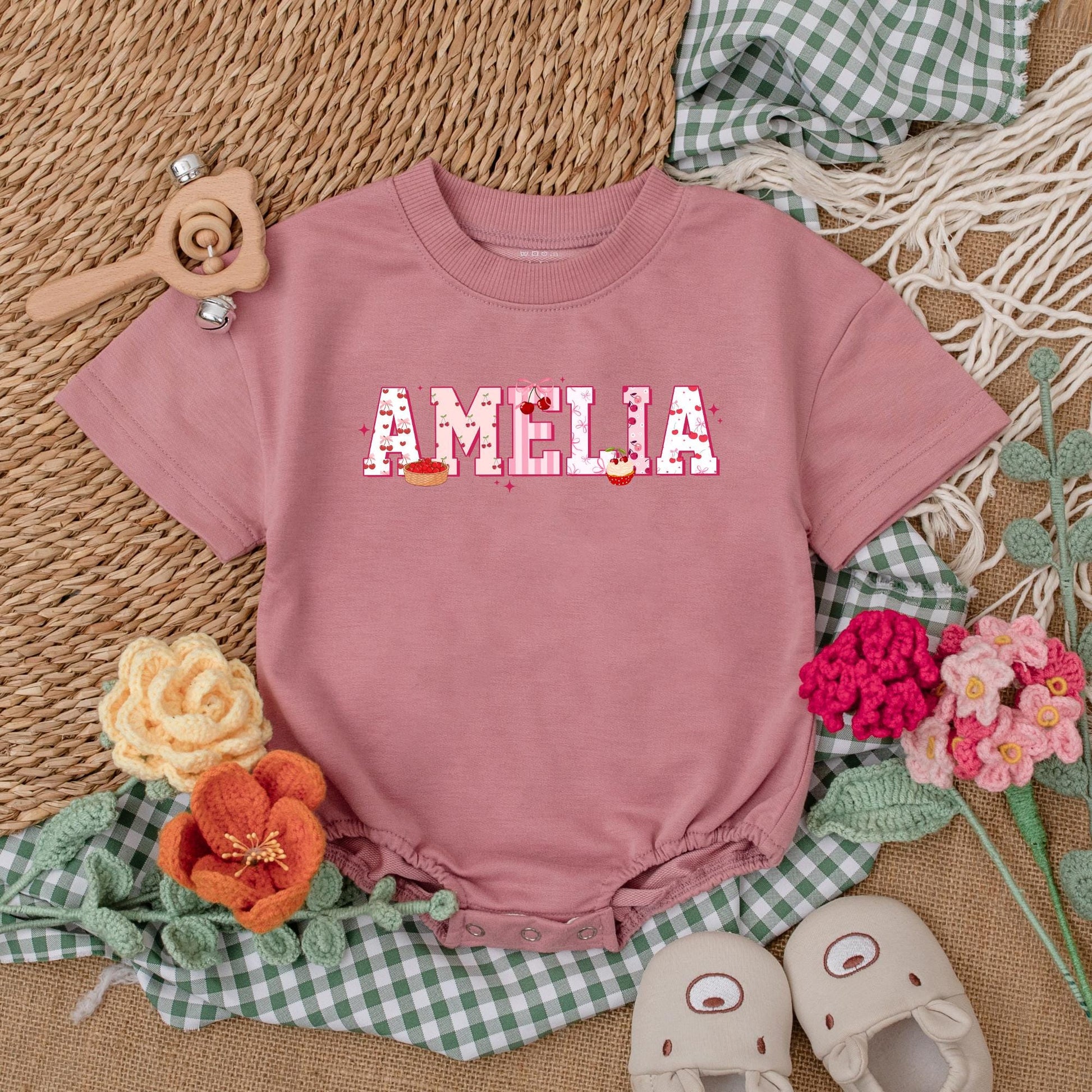 Personalized Cherry Baby Girl Romper Sweet Cherry & Bow Outfit Short Sleeve Birthday Girl Gift